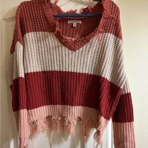 Striped V-Neck Frayed Hem Sweater